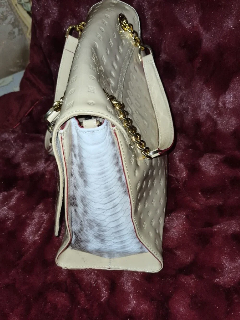 Arcadia White Patent Leather Satchel with Pink Trim and Gold Hardware